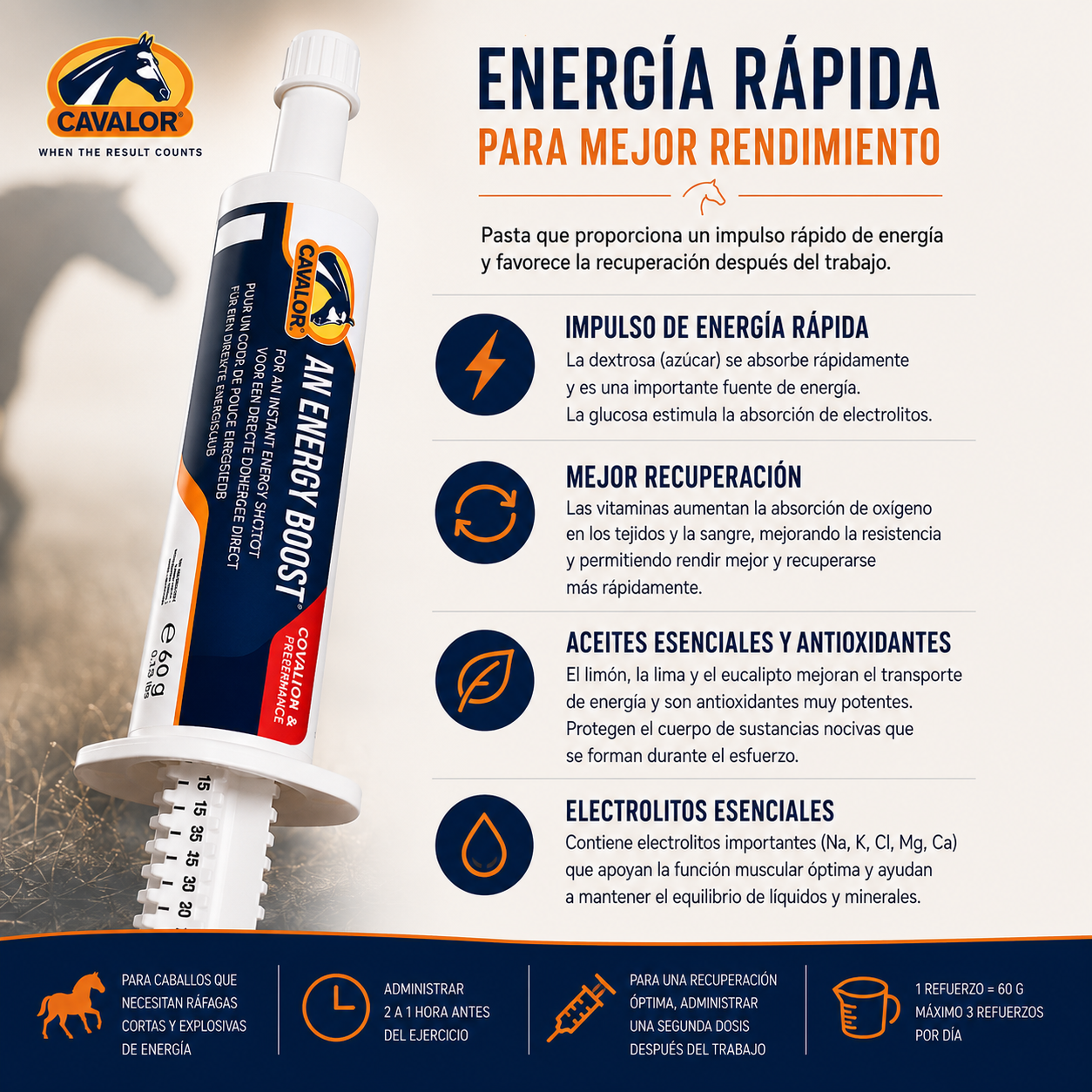 Infografía de Cavalor An Energy Boost para caballos con información sobre energía rápida, recuperación, electrolitos, antioxidantes y modo de administración.