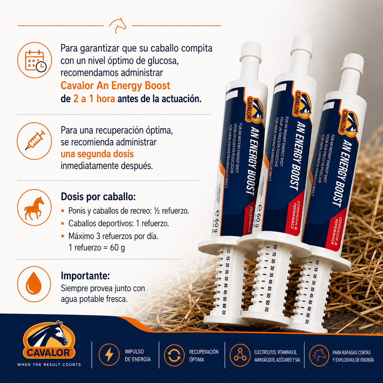 Infografía de Cavalor An Energy Boost con instrucciones de uso, dosis por caballo y recomendaciones para favorecer la energía y la recuperación.