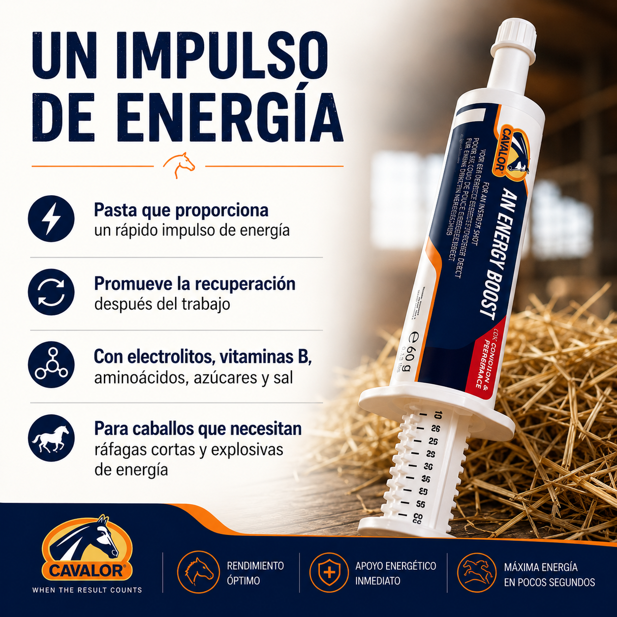Cavalor An Energy Boost para caballos: pasta energética con electrolitos, vitaminas B y aminoácidos para mejorar el rendimiento y la recuperación.