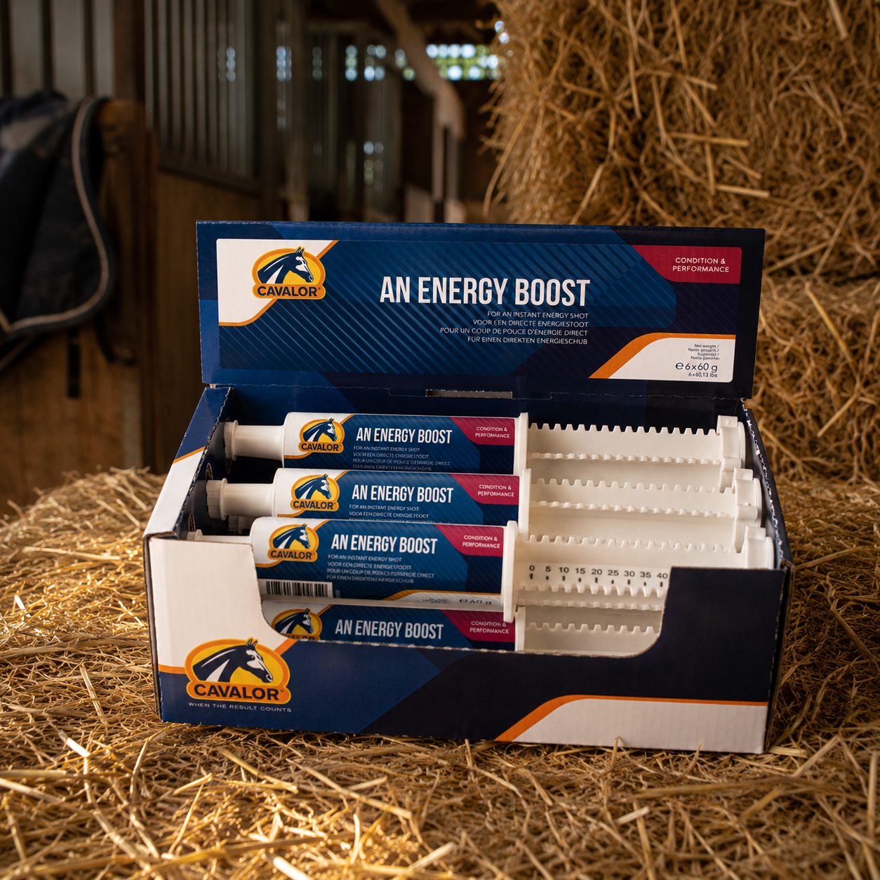 Caja de Cavalor An Energy Boost con jeringas energéticas para caballos, suplemento para aportar energía antes del ejercicio.