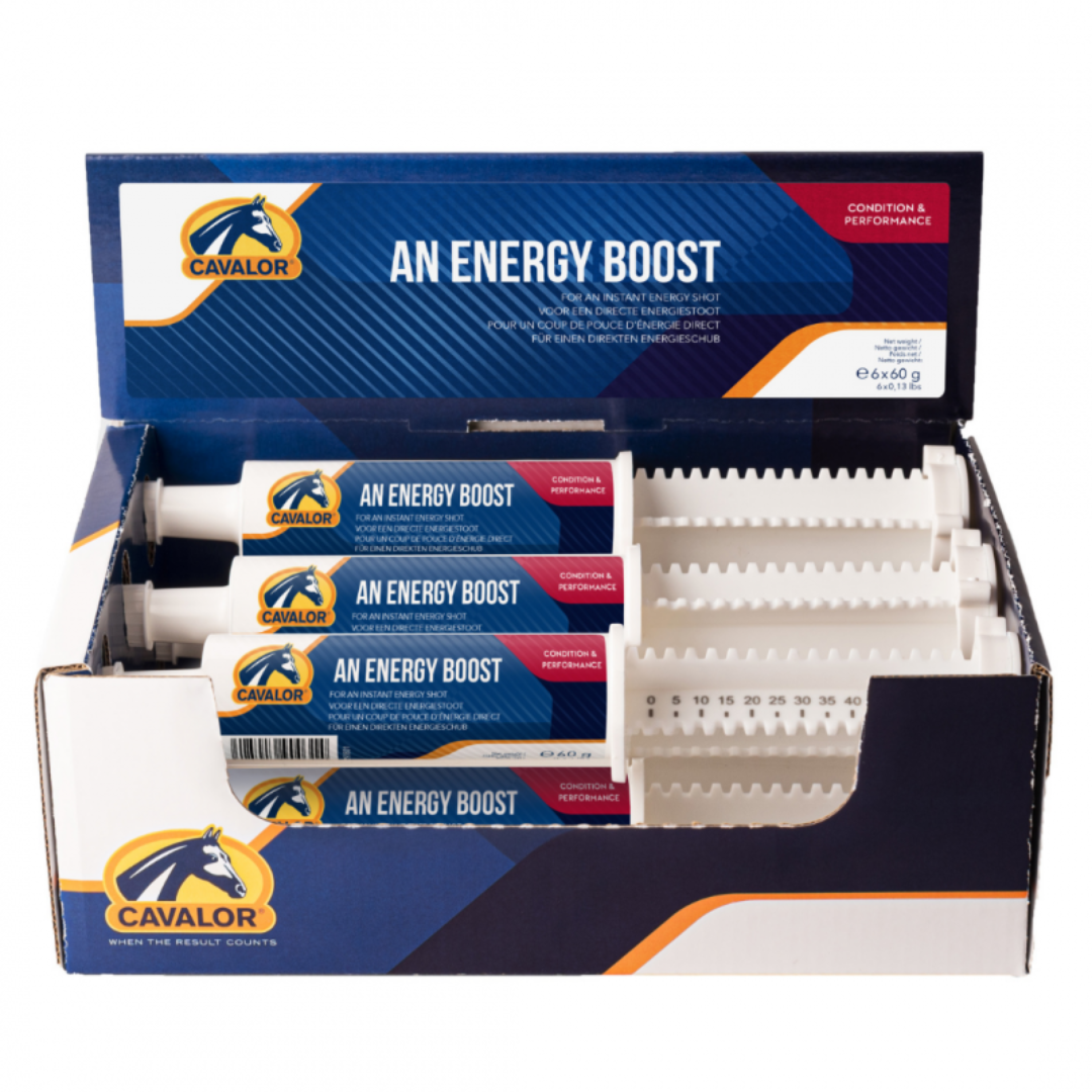 Cavalor An Energy Boost para caballos en formato caja con seis jeringas de pasta energética.